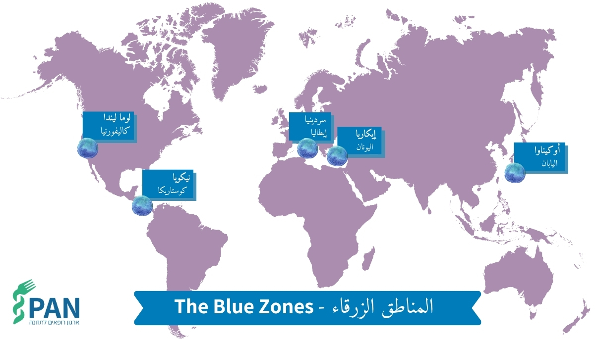 المناطق الزرقاء: لوما ليندا, نيكويا, سردينيا, إيكاريا,أوكيناوا